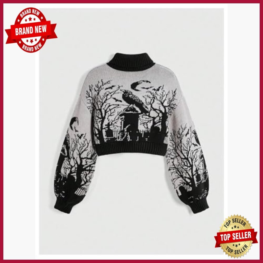 Graphic Turtleneck Sweater Cropped Pullover Long Sleeve Casual Trendy - Picture 2 of 4